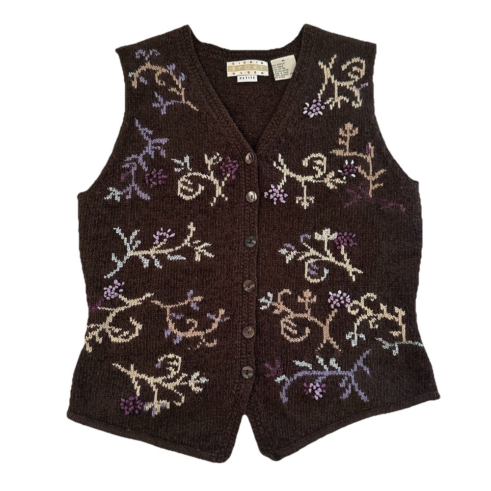 Sigrid Olsen Floral Crochet Knit Vest‎ Boho Cottagecore Festival Women's M